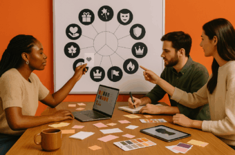 Três profissionais de branding definem arquétipos de marca em workshop: quadro com roda de ícones (coroa, escudo, coração, estrela, máscara, chama etc.), laptop com paletas de cor e tablet com silhueta de persona. Mesa com papéis coloridos, amostras e caneca.