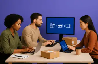 Três profissionais de e-commerce sentados atrás de uma mesa de madeira, cada um olhando para sua tela: monitor com fluxo de compra (loja → pagamento → entrega), laptop com vitrine de produtos e tablet com KPIs genéricos. Caixas de envio e café sobre a mesa.