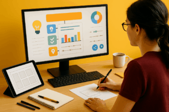 Profissional de conteúdo cria um infográfico em estação com monitor grande (barras, donut e ícones genéricos), tablet com grade de layout e rascunho no papel; mesa com caderno, canetas e caneca.