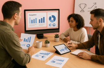 Três profissionais com dispositivos virados para si comparam gráficos e relatórios em mesa de madeira; monitor central exibe blocos de comparação entre empresas, tablet mostra série temporal e folhas impressas trazem indicadores.
