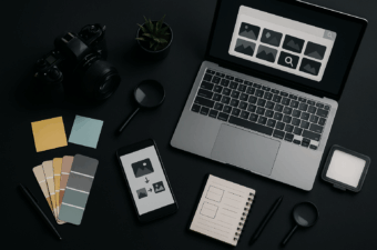 Laptop exibindo grade de miniaturas sem texto, smartphone com fluxo de busca por imagem, lupa, câmera DSLR, amostras de cor, post-its, caderno com quadros, canetas, pequeña luz LED e planta.
