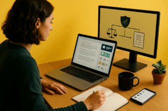 Profissional de conteúdo revisa um texto com apoio de IA: laptop exibe editor com cartões de sugestões genéricos, enquanto o monitor mostra ícones de ética e revisão. Mesa com caderno, caneca e planta.