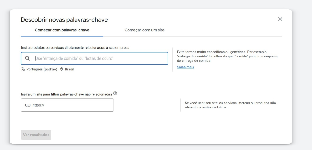Tela para descobrir novas palavras-chave no Google Ads
