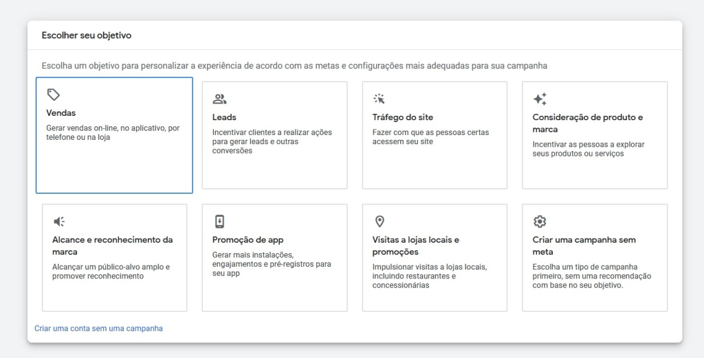 Tela de escolha de objetivo no Google Ads.