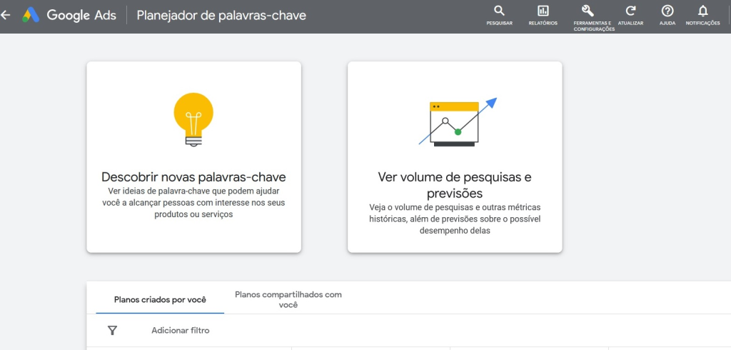 Menu principal do Planejador de palavras-chave