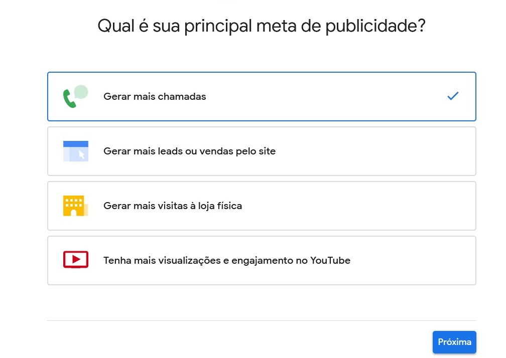 Tela de meta de publicidade no Google Ads