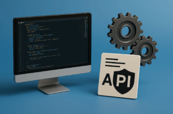 Computador com código e ícone de API ao lado de engrenagens