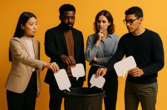 Grupo de pessoas jogando papéis em uma lixeira.
