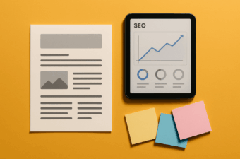 tela de dados SEO ao lado de uma folha com texto