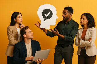 Grupo discutindo estratégias argumentativas com ícone de aprovação.