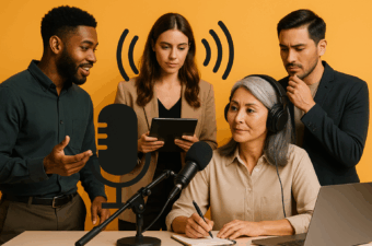 Grupo de pessoas em gravação de áudio