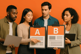 Grupo de pessoas analisando opções A e B.
