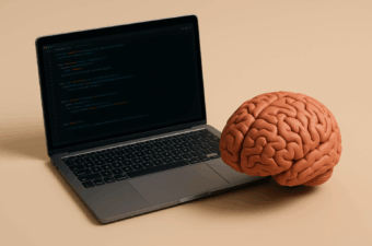 Cerebro de borracha ao lado de um laptop