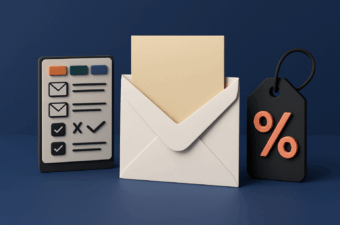 Envelope com um cartão e uma tag de desconto