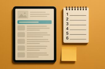 tablet e bloco de notas sobre fundo amarelo