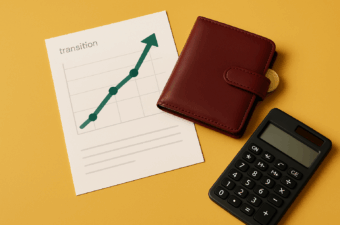 documento financeiro e calculadora sobre superfície amarela