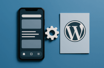 smartphone e ícone do WordPress sobre fundo azul