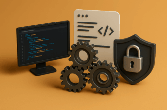 computador, código e engrenagens em fundo laranja