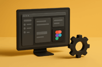 Monitor com interface do Figma e engrenagem ao lado.