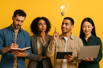 Grupo diversificado discutindo ideias sobre hábitos saudáveis.