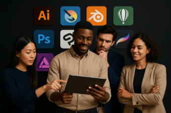 Grupo de profissionais analisando um tablet com apps de design ao fundo.