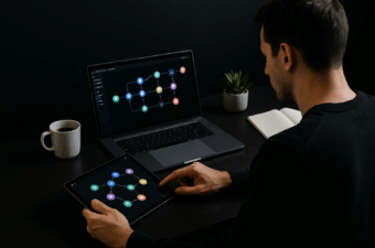 Profissional em escritório moderno utilizando tablet e laptop para montar fluxos de automação com nós conectados, ao lado de caneca, caderno e planta, sobre mesa escura com fundo liso.