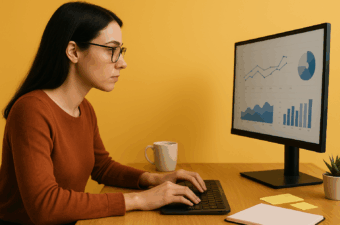Mulher com óculos olha diretamente para o monitor do computador enquanto digita, em mesa com caneca, caderno e post-its. Fundo amarelo sólido, clima de pesquisa e análise de conteúdo.