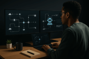 Desenvolvedor em setup escuro conectando serviços e dados em dois monitores com diagramas de nós e setas, representando um protocolo que liga modelos de IA a ferramentas. Mesa com teclado, notebook, caneca, caderno e pequena planta.