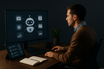 Profissional monitora um agente autônomo em monitor grande. A interface genérica mostra um avatar de robô conectado a ícones de e-mail, calendário, tarefas, CRM e métricas. Tablet com checklist de execuções, caderno aberto, caneca e planta na mesa.