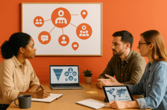 Três profissionais de marketing analisam personas e segmentos: quadro com ícones de público, chat e pins, laptop com funil de conversão e tablet com mapa de calor.
