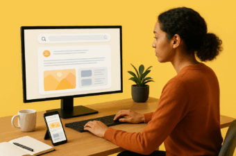Profissional de conteúdo analisa uma SERP com bloco de resposta por IA e cards de resultados em monitor grande, com notebook exibindo checklist de otimizações. Mesa com caderno, caneca e planta.