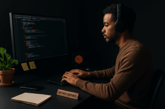 Desenvolvedor em estado de flow digita com headphones em mesa minimalista; monitor exibe código, smartphone virado para baixo, cronômetro discreto ao fundo, caderno e planta ao lado.