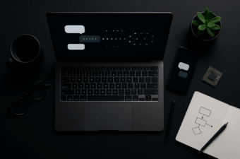 laptop ao centro exibindo fluxo de bolhas de conversa e pontos, smartphone com ícones de diálogo, chip de IA, caderno quadriculado com diagrama de blocos e setas, óculos, caneta, caneca e pequena planta.