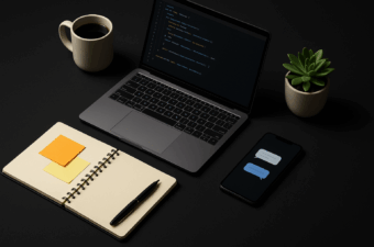 Laptop com código, smartphone com chat, notebook com post-its, xícara de café e planta sobre fundo preto.