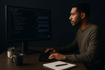 Desenvolvedor de software de pele morena e cabelo curto, sentado em uma mesa escura, olhando para um monitor que exibe um IDE com linhas de código coloridas e sugestões de IA; sobre a mesa há uma caneca de café, um bloco de notas e uma suculenta.