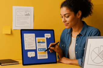 Young woman designing interactive content on a tablet against a yellow background.