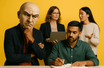 Grupo discutindo com alguém usando máscara de personagem sério.
