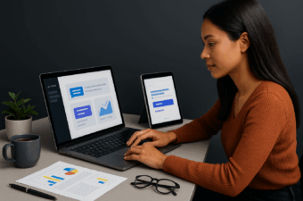 mulher usando aplicação web em laptop e tablet