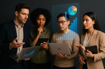 Grupo de profissionais discutindo dados em dispositivos móveis.