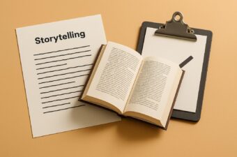 livro aberto com anotações sobre storytelling