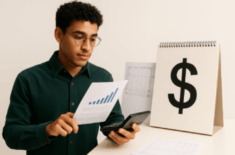 homem analisando gráficos financeiros com calculadora