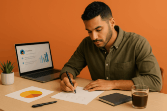 Homem escrevendo carta em mesa com laptop e anotações.