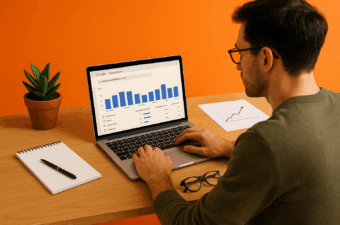 Homem usando laptop com gráficos do Google na mesa.