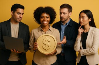 Grupo discutindo sobre finanças com símbolo de dólar dourado.