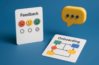 Cartões ilustrativos sobre feedback e onboardings.