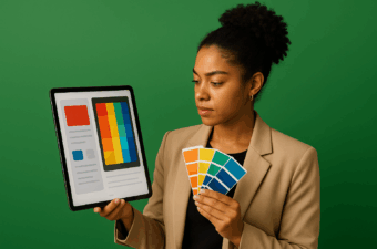 Mulher segurando um tablet e amostras de cor