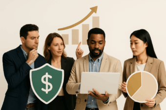Grupo discutindo sobre investimentos com gráficos e ícones.