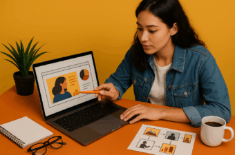 Mulher apresentando slides em um laptop com gráficos.