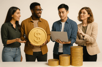 Quatro pessoas discutindo investimentos com moedas e laptop.