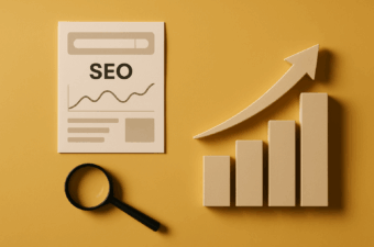 Gráfico de SEO com lupa sobre fundo amarelo
